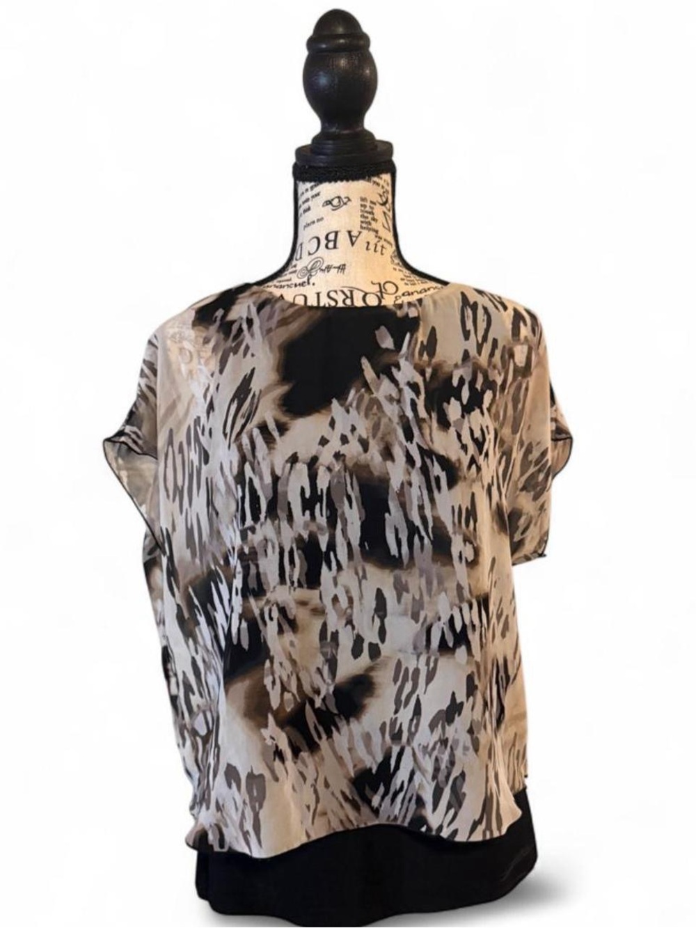 Cato Black and Beige Abstract Animal-Print Blouse